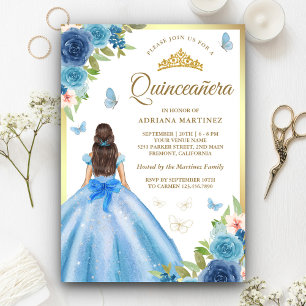 Convite Vestido Floral Azul Suave Borboleta Dourada Quince
