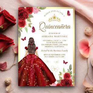 Convite Vestido Floral Borgonha Borboleta Quinceanera