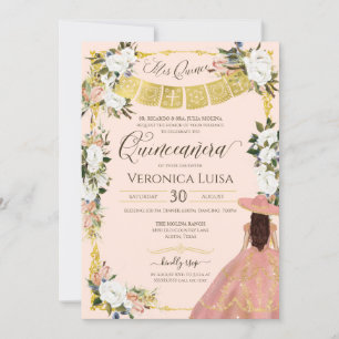 Convite Vestido Floral Branco Dourado Charro Quinceanera I