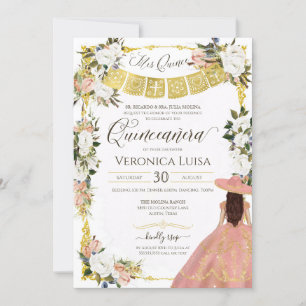 Convite Vestido Floral Branco Dourado Charro Quinceanera I