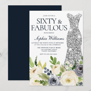 Convite Vestido Floral Branco e marinho 60º Aniversário