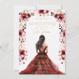 Convite Vestido Floral Burgundy Quinceañera Vestido de Gal