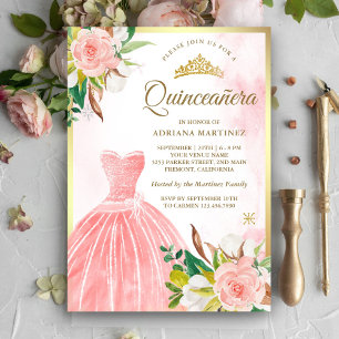 Convite Vestido Floral de Aquarela Rosa Bege Quinceanera D