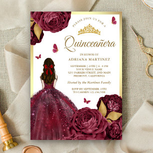 Convite Vestido Floral Dourado Borgonha para Festa de Quin