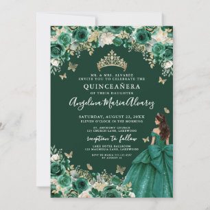 Convite Vestido Floral Dourado Verde Esmeralda Quinceanera