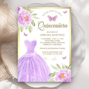 Convite Vestido Floral Lavanda Borboleta Dourada Quinceane