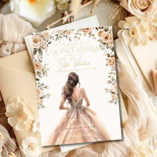 Convite Vestido Floral Quinceañera Champagne Dourado Princ