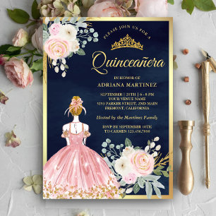 Convite Vestido Floral Rosa Bege Azul Marinho Dourado Quin