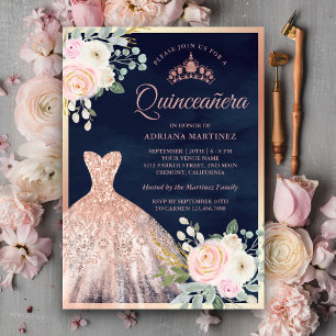Convite Vestido Floral Rosa Bege Azul Naval Dourado Quince