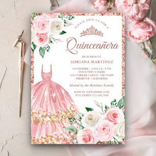 Convite Vestido Floral Rosa Bege Dourado Quinceanera
