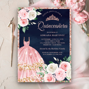 Convite Vestido Floral Rosa Bege Dourado Rosa Navy Quincea