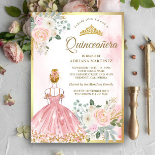 Convite Vestido Floral Rosa Bege Princesa Quinceanera Dour