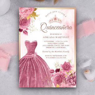 Convite Vestido Floral Rosa Poeirento Dourado Rosa Quincea