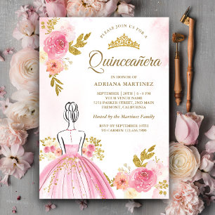 Convite Vestido Floral Rosa Princesa Dourada Quinceanera