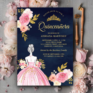 Convite Vestido Floral Rosa Princesa Quinceanera Azul Mari