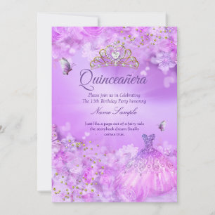 Convite Vestido floral rosa roxo para Quinceanera princesa