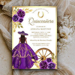 Convite Vestido Floral Roxo Charro Dourado Quinceanera