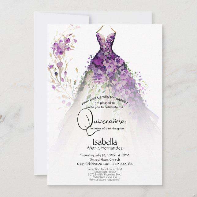 Convite Vestido Floral Roxo de Quinceañera  (Frente)