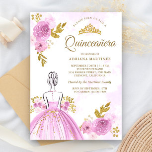 Convite Vestido Floral Roxo Princesa Dourada Quinceanera