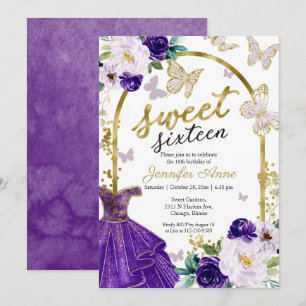 Convite Vestido Floral Roxo Sweet 16 Borboleta