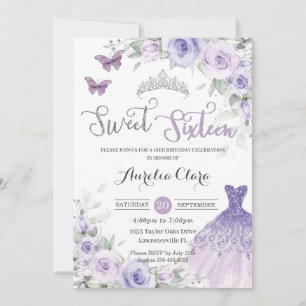 Convite Vestido Floral Roxo Sweet Sixteen para Aniversário