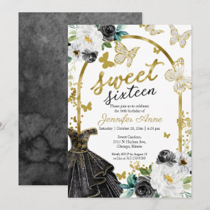 Convite Vestido Floral Sweet 16 Borboleta Preto Dourado
