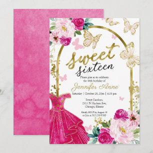 Convite Vestido Floral Sweet 16 Borboleta Rosa Quente Dour