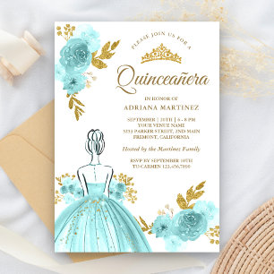 Convite Vestido Floral Turquesa Princesa Dourada Quinceane