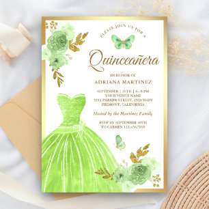 Convite Vestido Floral Verde Lima Borboleta Dourada Quince