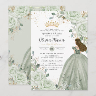 Convite Vestido Floral Verde Salvia Princesa Quinceañera Q