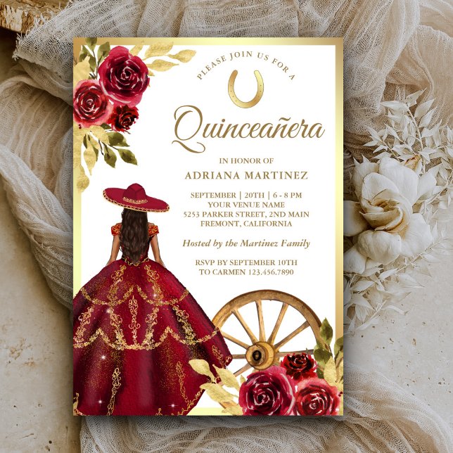 Convite Vestido Floral Vermelho Charro Dourado Quinceanera (Criador carregado)