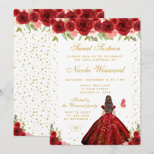 Convite Vestido Floral Vermelho Princesa de Dezesseis Anos