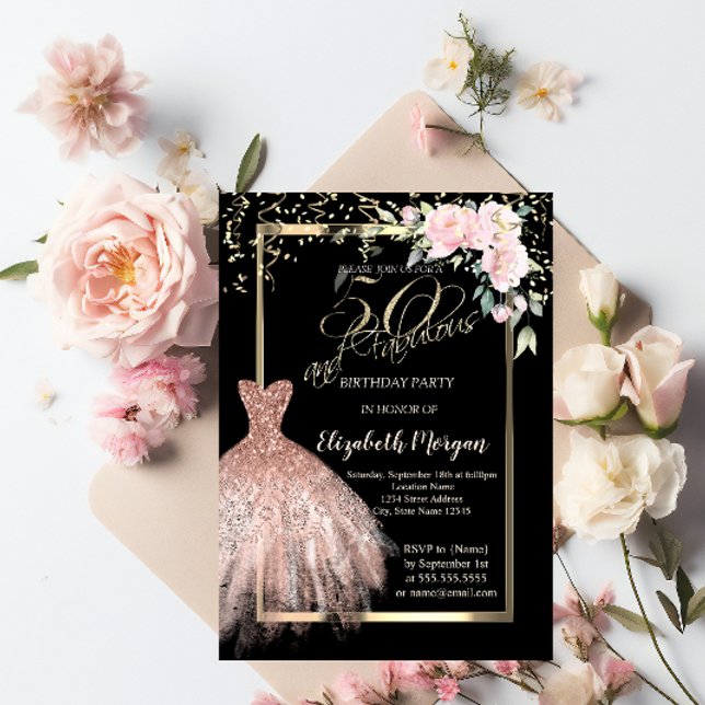 Convite Vestido, Flores de Confetes Rosa Dourado Aniversár (Criador carregado)