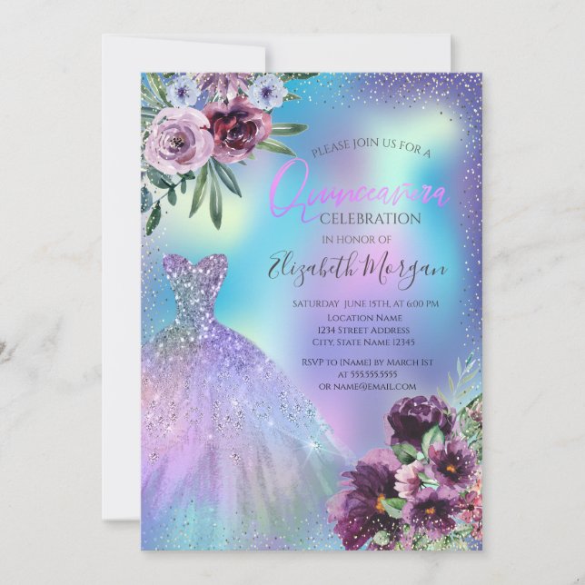 Convite Vestido, Flores Violeta Holográfico Quinceañera  (Frente)