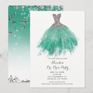 Convite Vestido Glam Glitter Prata e Verde Água Antes da F