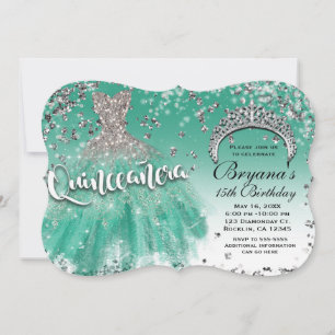 Convite Vestido Glamour Brilho Prata Turquesa Quinceañera