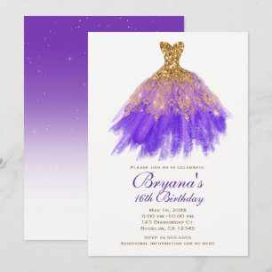 Convite Vestido Glamour com Purpurina Dourada e Roxa Festa
