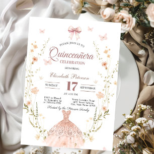 Convite Vestido Glitter Chic de Flores Silvestres Laço Qui