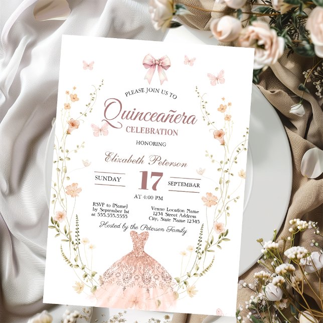Convite Vestido Glitter Chic de Flores Silvestres Laço Qui (Criador carregado)