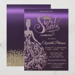 Convite Vestido Glitter Chique, Tiara, Diamantes Roxo Doce