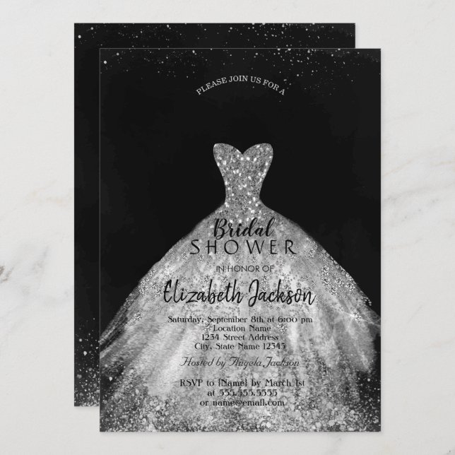 Convite Vestido Glitter Prata Elegante, Chuveiro de Noiva  (Frente/Verso)