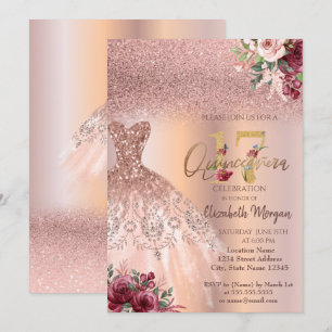 Convite Vestido Glitter Rosa Chic Floral Quinceañera