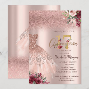 Convite Vestido Glitter Rosa Chic Floral Quinceañera