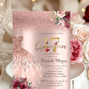 Convite Vestido Glitter Rosa Chic Floral Quinceañera
