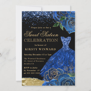 Convite Vestido Lantejoulas Azul e Dourado Glam Rosas Doce