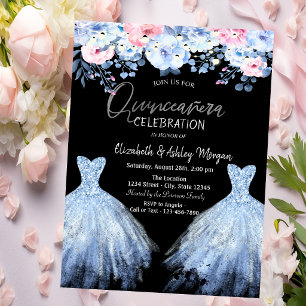 Convite Vestido Lantejoulas Azul Flores Rosa