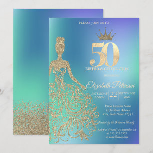 Convite Vestido Lantejoulas, Diamantes Azul Ombre 50º Aniv
