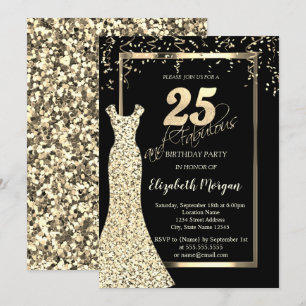 Convite Vestido Lantejoulas Douradas Aniversário de 25 Ano