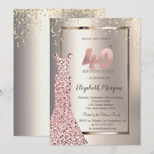 Convite Vestido Lantejoulas Dourado Rosa Aniversário de 40