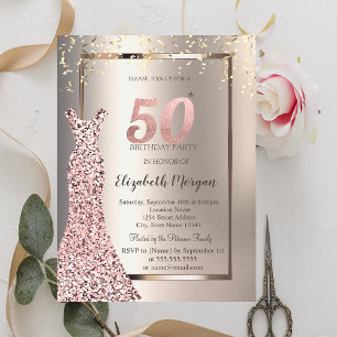 Convite Vestido Lantejoulas Dourado Rosa Aniversário de 50